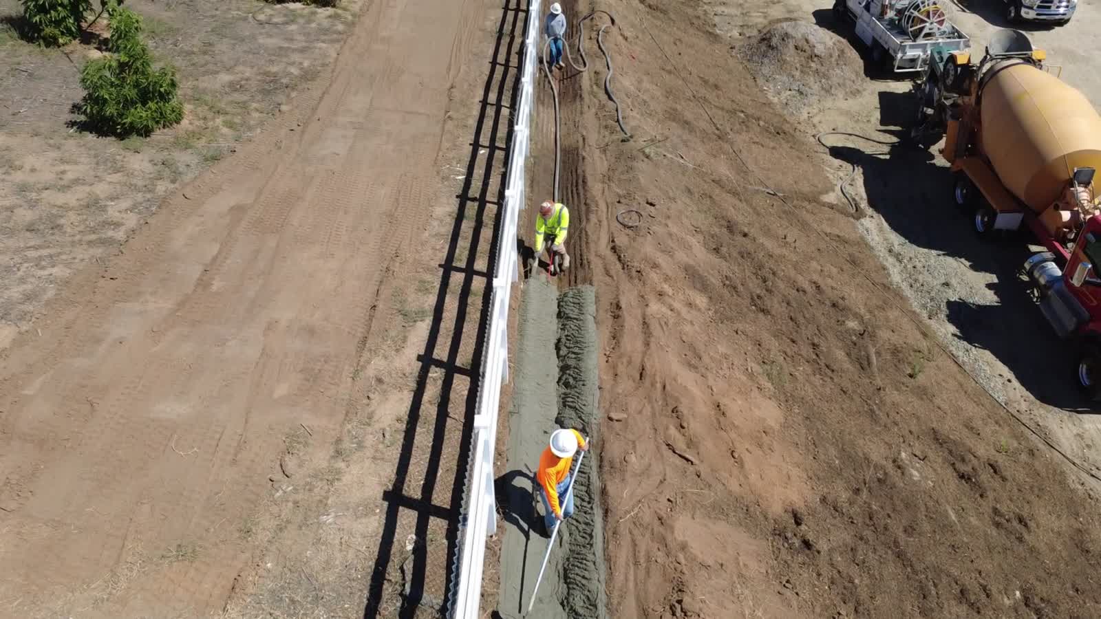 Aerial of a V-ditch with concrete pump